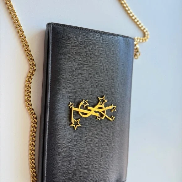 Saint Laurent YSL Star WOC Black Grain Leather Gold Chain Wallet on Chain - Picture 6 of 7